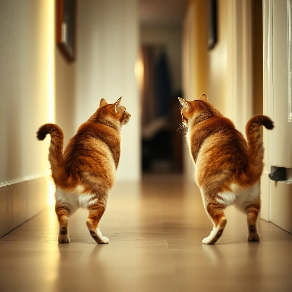 Deux chats en conflit territorial dans un couloir, une situation fréquente en cohabitation multi-chats