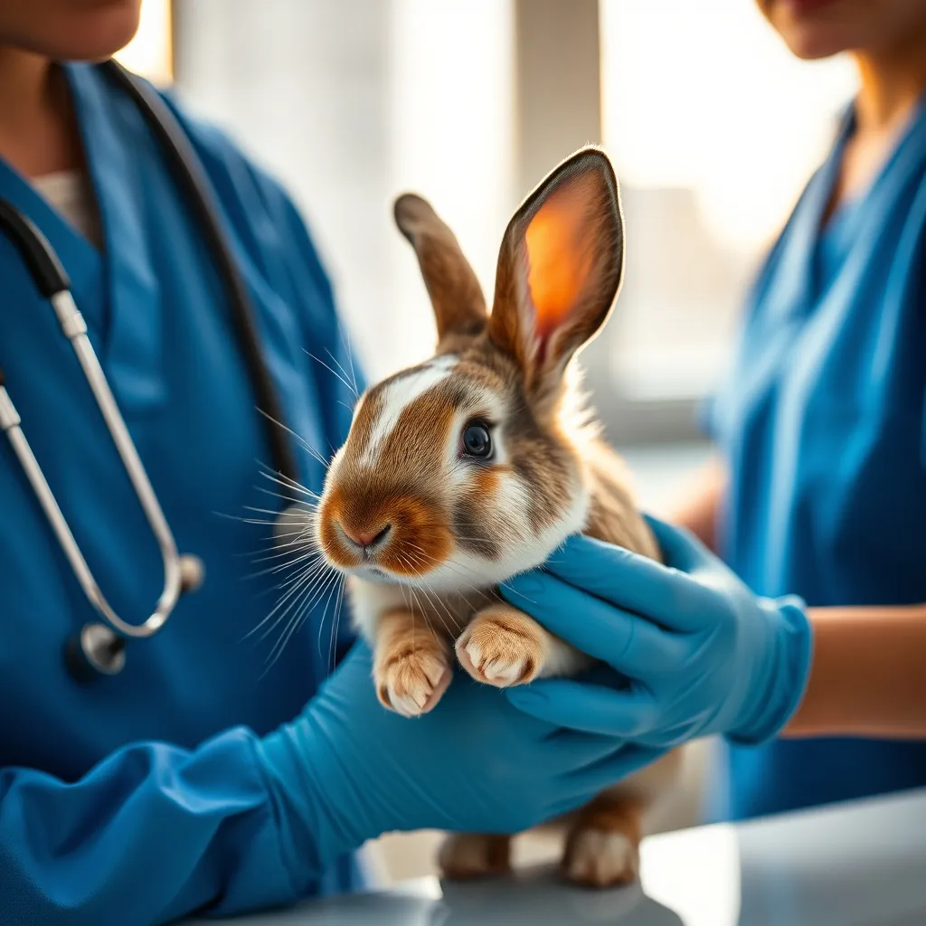 Examen vétérinaire d'un lapin nain bélier en clinique