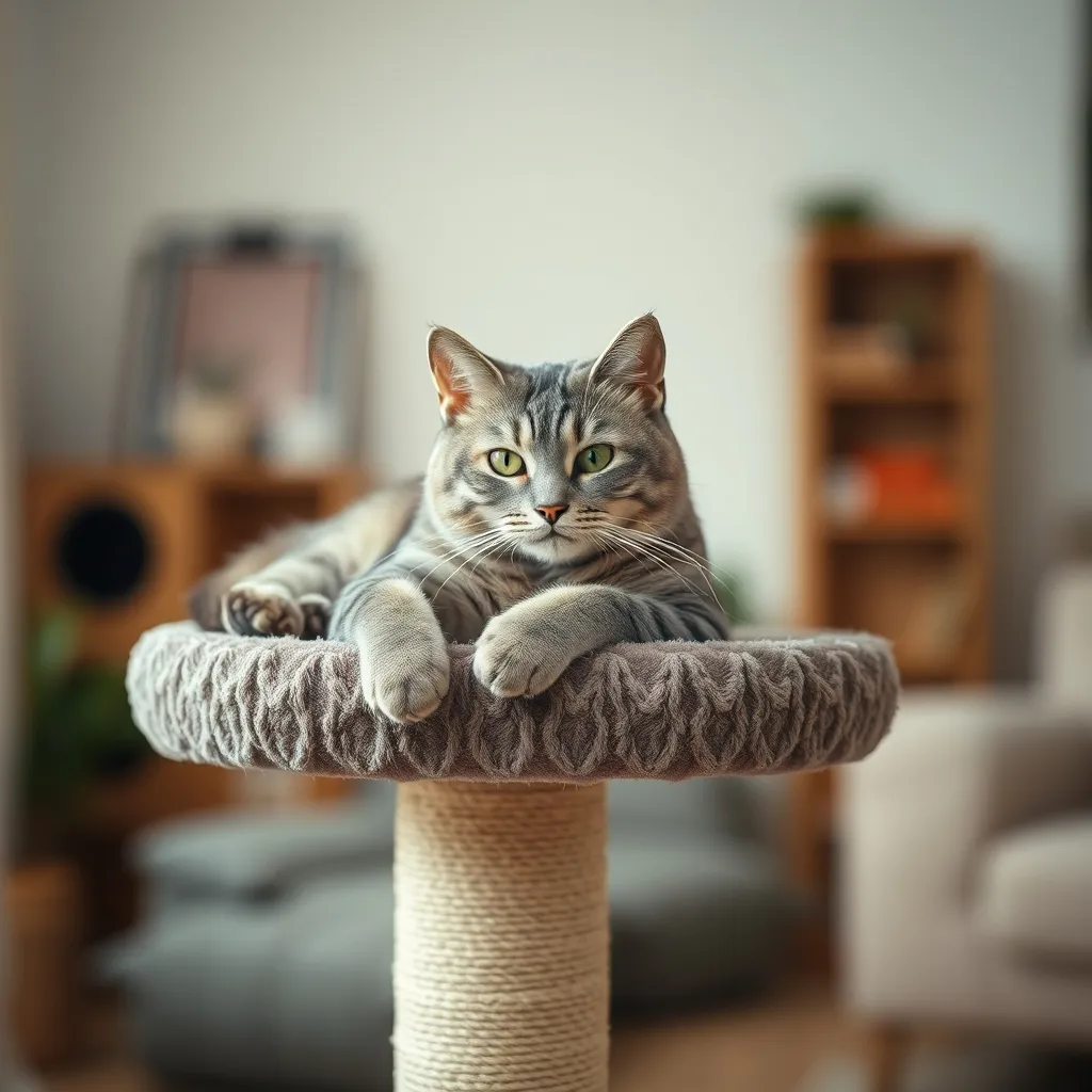 Un chat tigré gris européen profitant de son arbre à chat en appartement