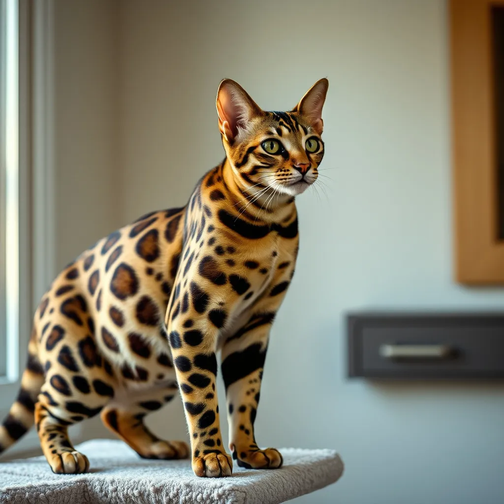 Le Bengal séduit par sa robe tachetée évoquant celle du léopard et sa musculature athlétique