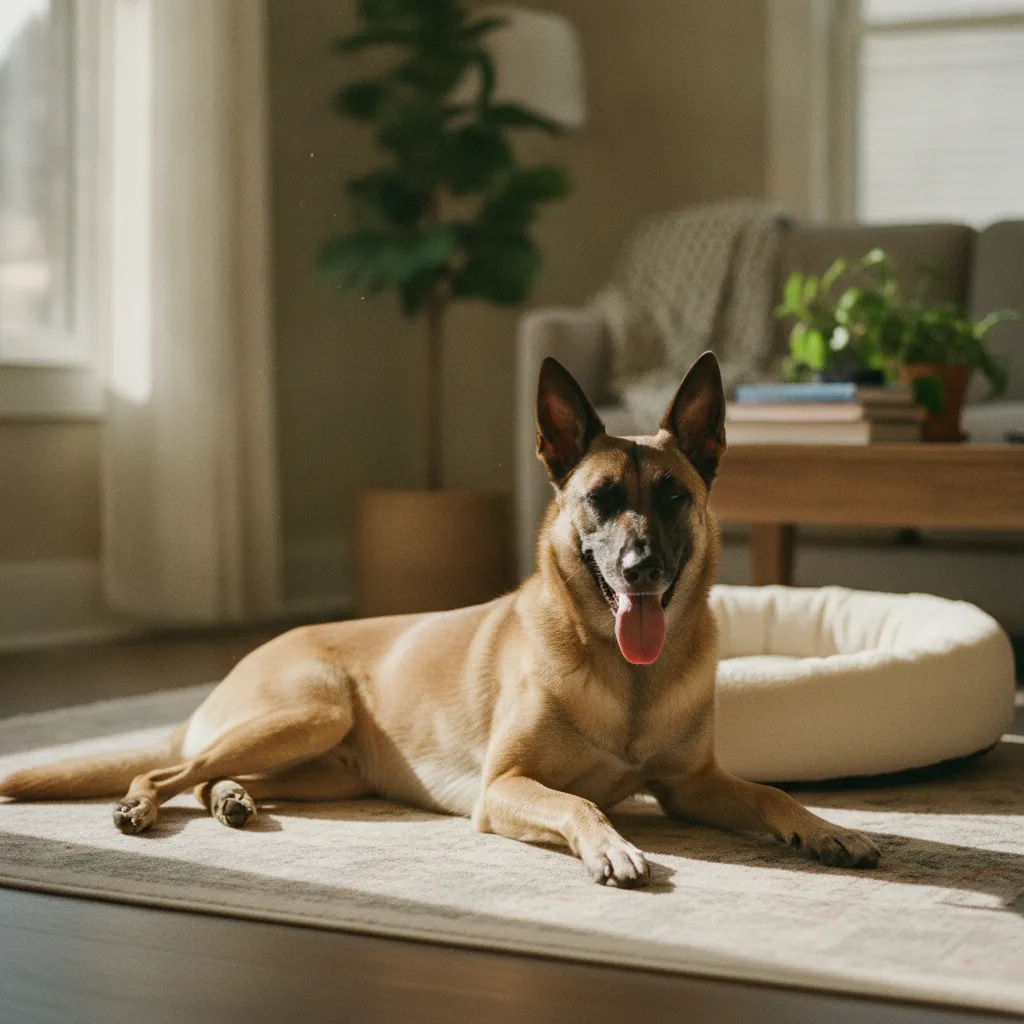 Un malinois retraité de la gendarmerie s'adapte progressivement à la vie en intérieur