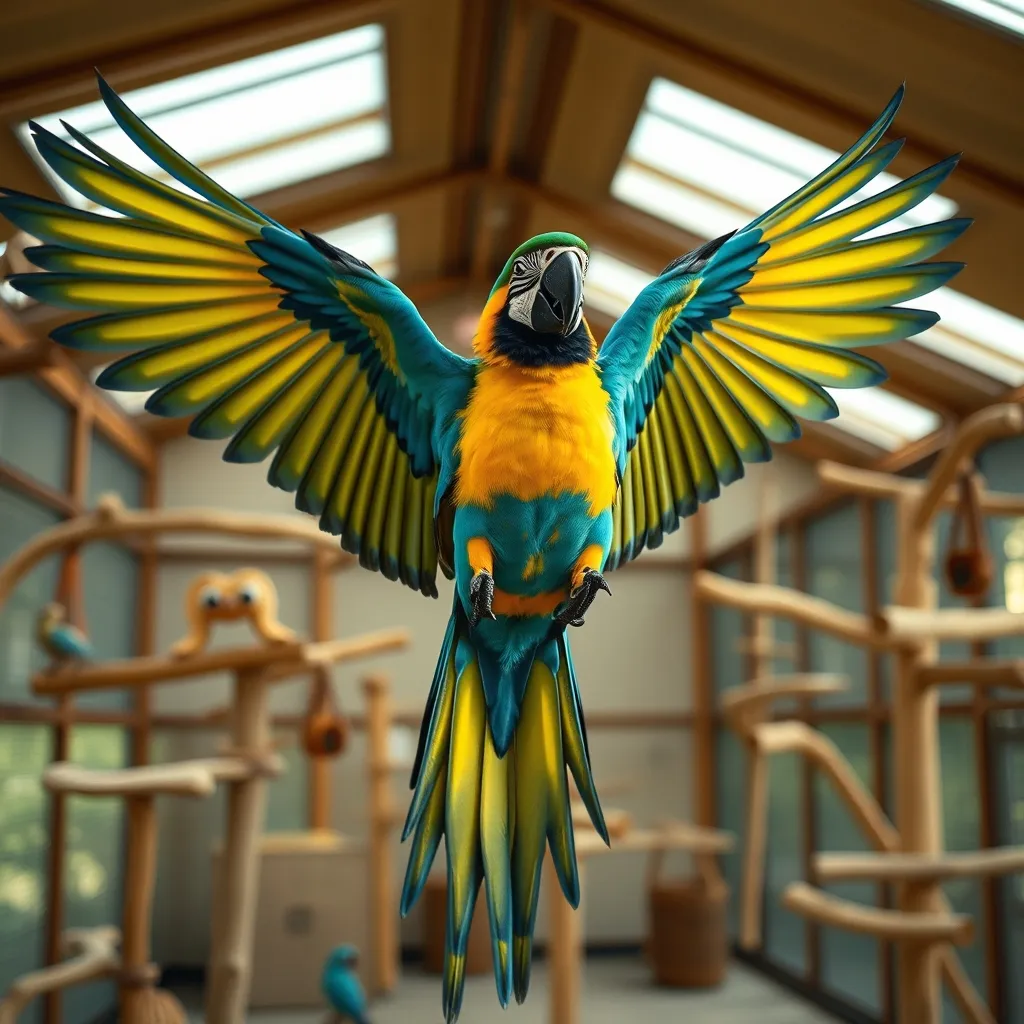 Un ara bleu et jaune dans une volière intérieure aménagée avec des perchoirs naturels