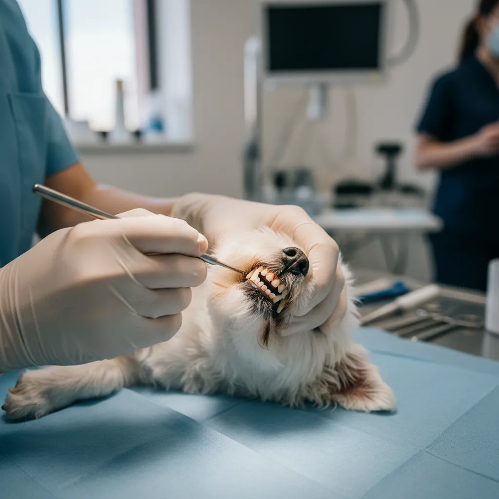 Examen dentaire d'un petit chien : le tartre s'accumule vite chez le Yorkshire