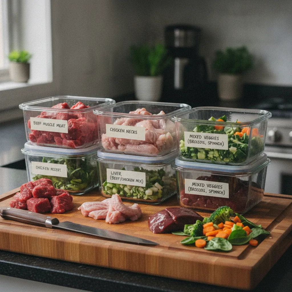 Préparation des portions BARF hebdomadaires avec viande, abats et légumes
