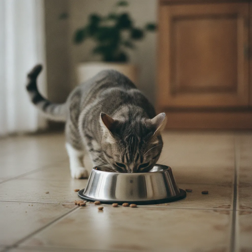 Un chat glouton qui mange trop vite est la cause la plus fréquente de vomissements de croquettes