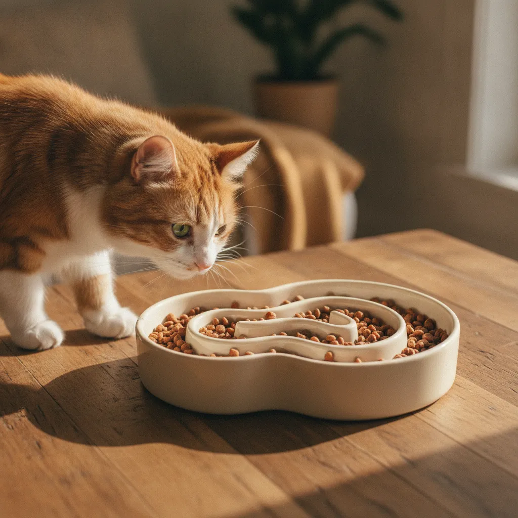 La gamelle anti-glouton oblige le chat à ralentir son ingestion et prévient les régurgitations