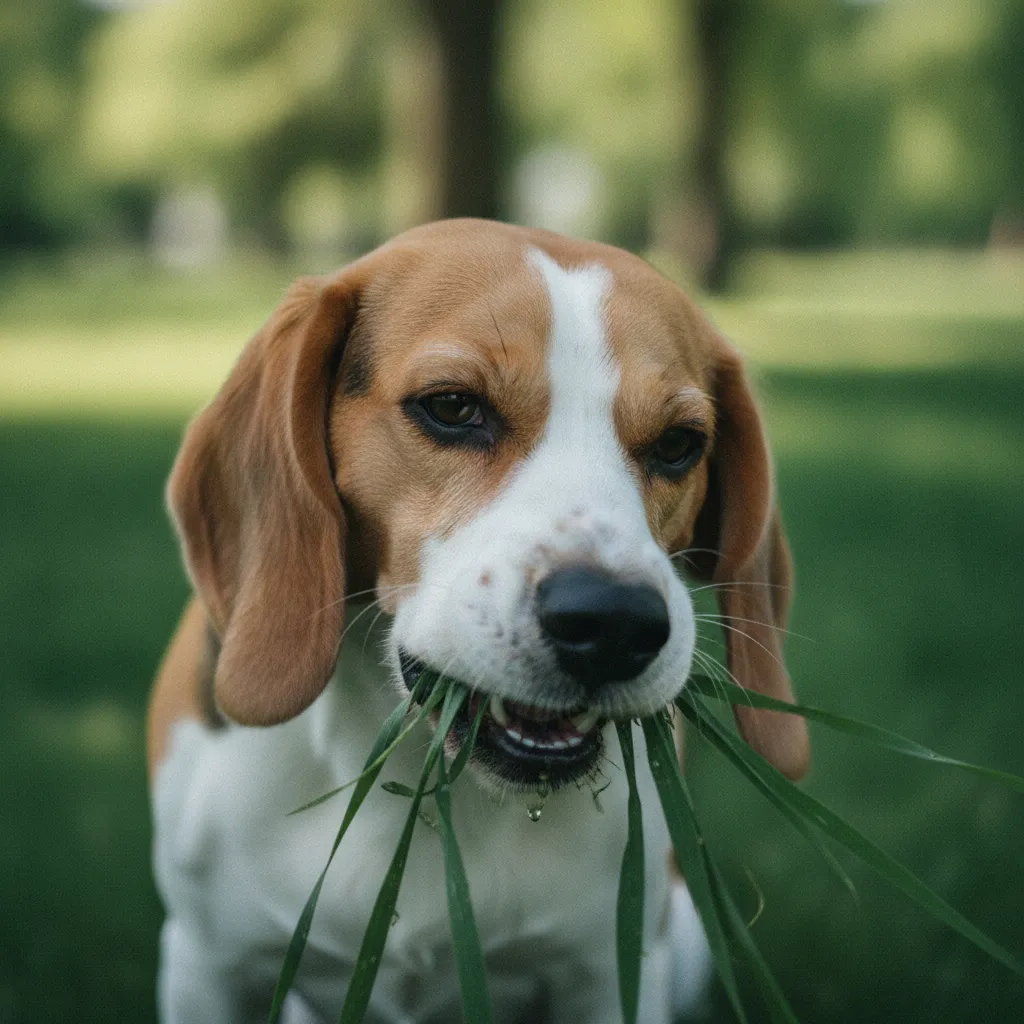 Gros plan sur un chien mâchant des brins d'herbe longue lors d'une promenade au parc