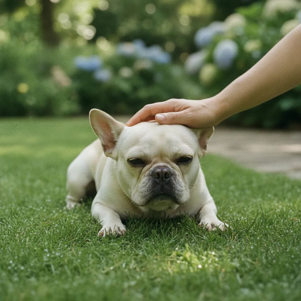 Un bouledogue français sur la pelouse après avoir mangé de l'herbe, sous la surveillance de son propriétaire