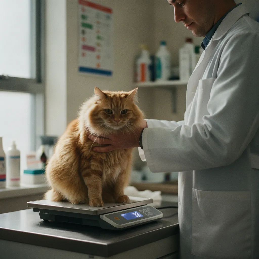 Pesée d'un chat obèse lors d'une consultation vétérinaire de suivi