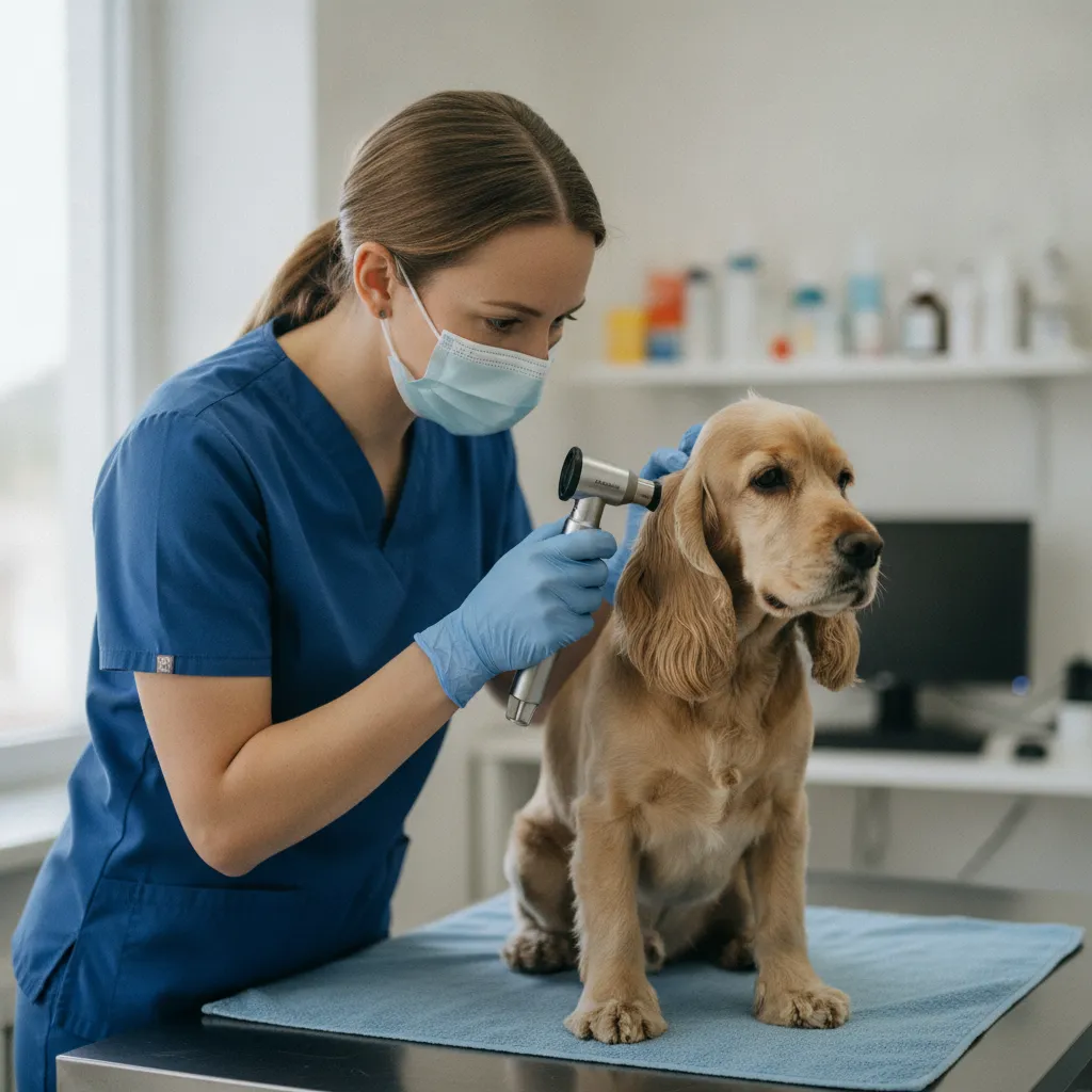 Examen otoscopique d'un chien pour rechercher un épillet dans le conduit auditif