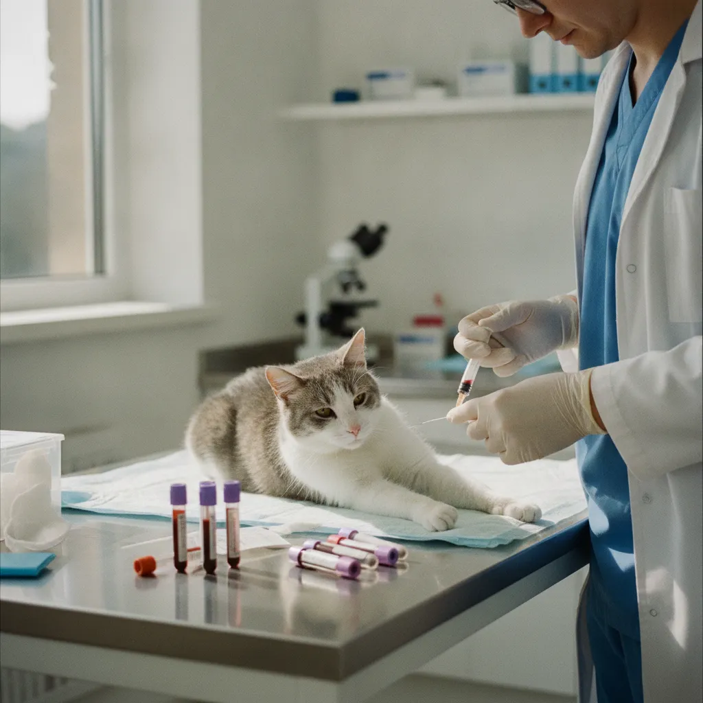 Prise de sang pour dosage de la T4 totale, examen clé du diagnostic d'hyperthyroïdie chez le chat