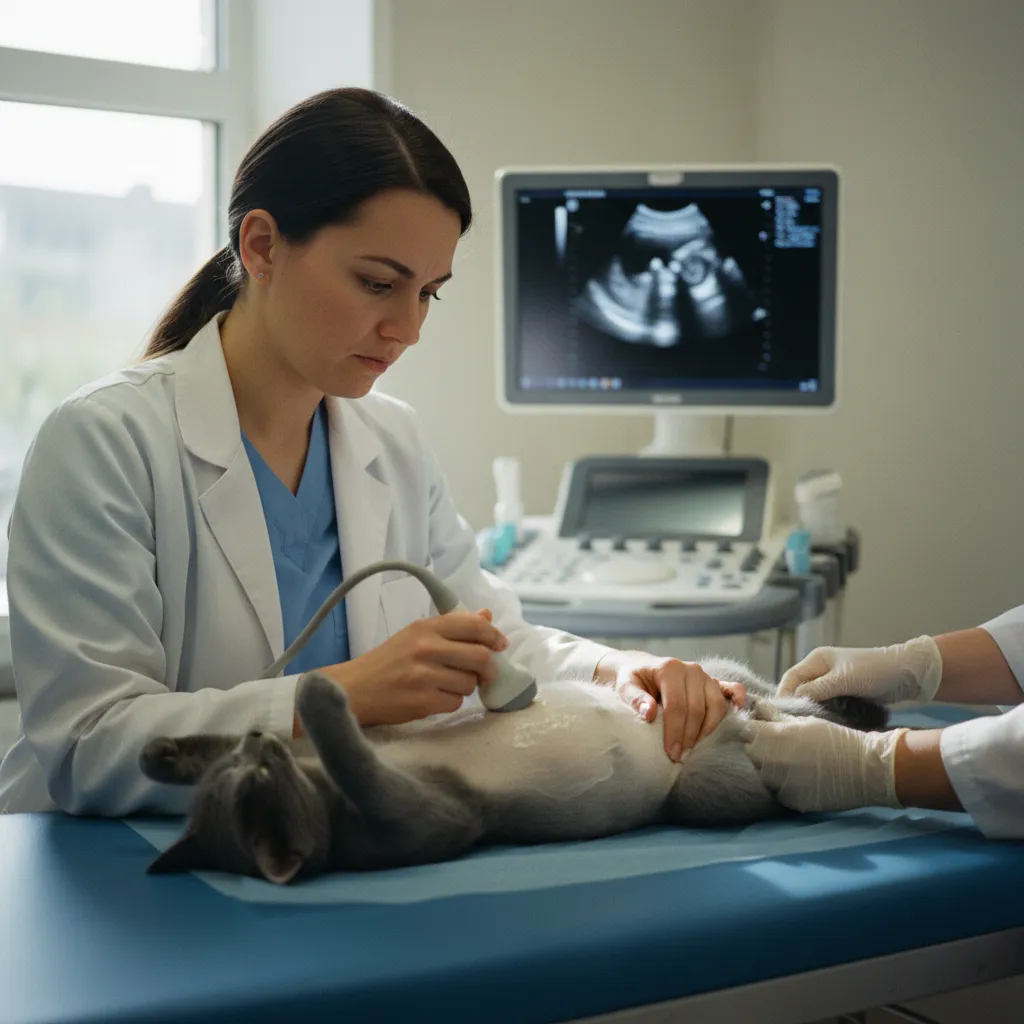 Échographie abdominale chez un chat pour le diagnostic de troubles urinaires ou rénaux