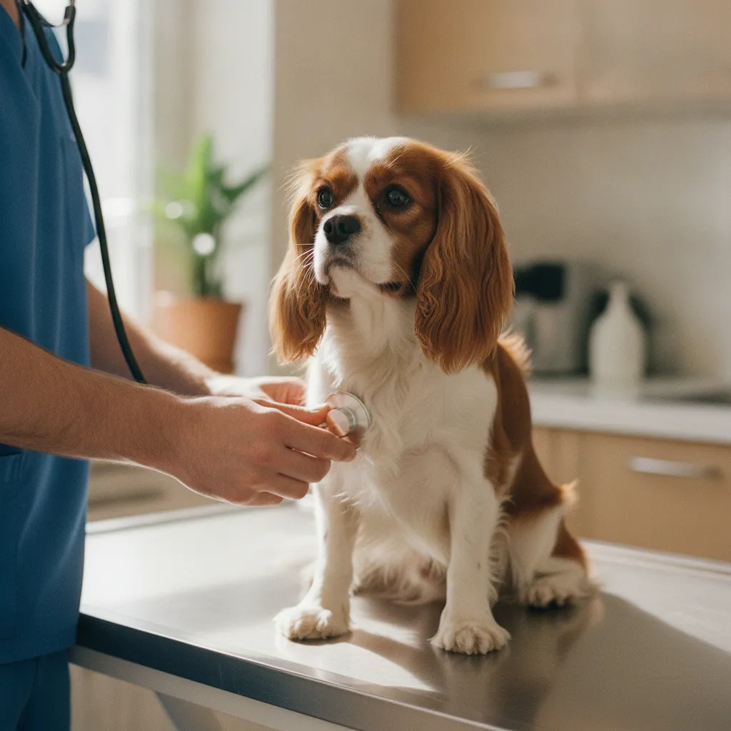 Auscultation cardiaque d'un Cavalier King Charles, race prédisposée à la maladie mitrale