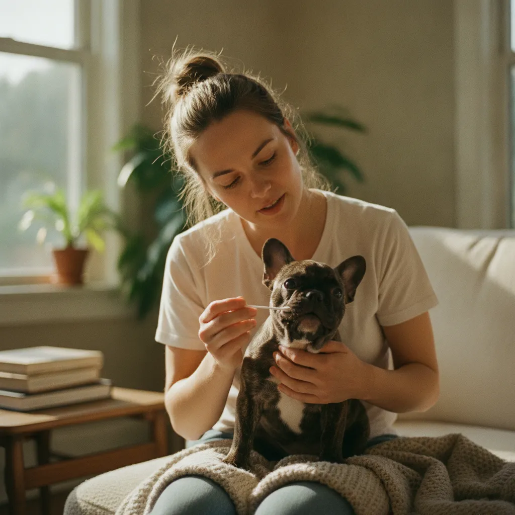 Prélèvement buccal pour un test génétique ADN chez un Bouledogue Français