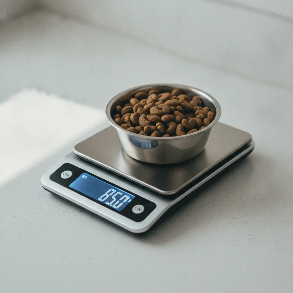 Peser la ration quotidienne avec une balance de cuisine garantit un dosage précis des croquettes