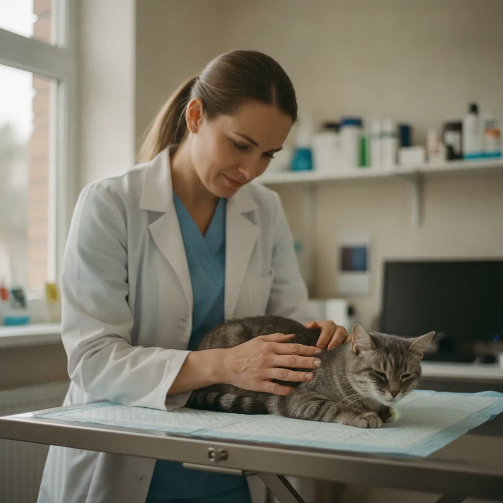 Le vétérinaire évalue le score corporel du chat en palpant ses côtes pour vérifier son poids idéal