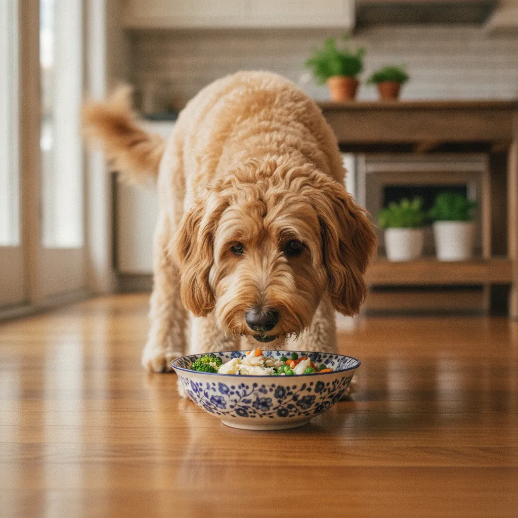 Un chien dégustant sa ration ménagère à base de poisson blanc et légumes