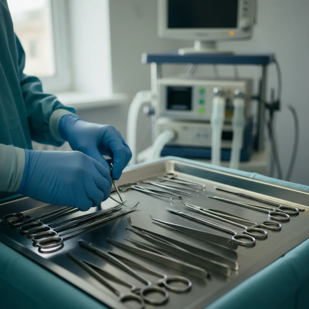 Le matériel chirurgical préparé pour une stérilisation féline en clinique vétérinaire