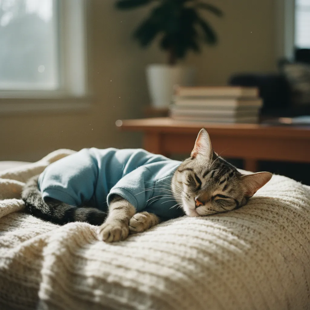 Un chat portant un body de protection durant sa convalescence après la stérilisation