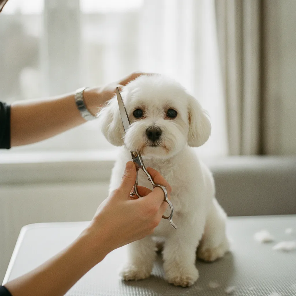 La coupe du bichon maltais demande une grande précision aux ciseaux
