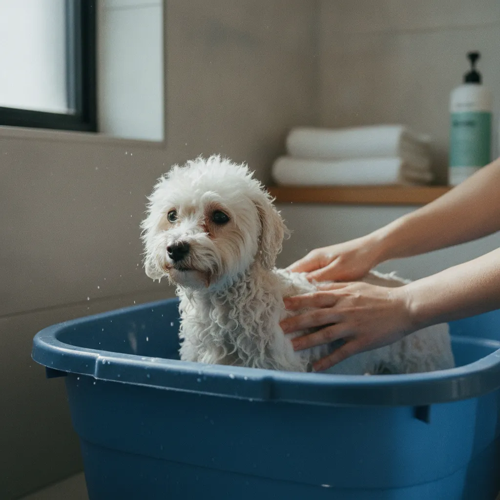 Bain d'un bichon frisé dans une baignoire portable installée à domicile