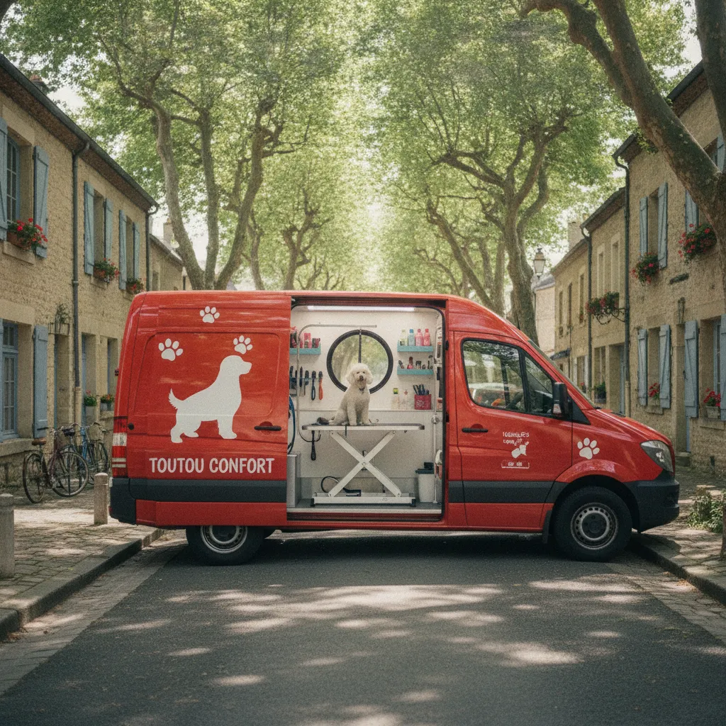 Camion de toilettage mobile stationné devant un domicile avec son équipement professionnel