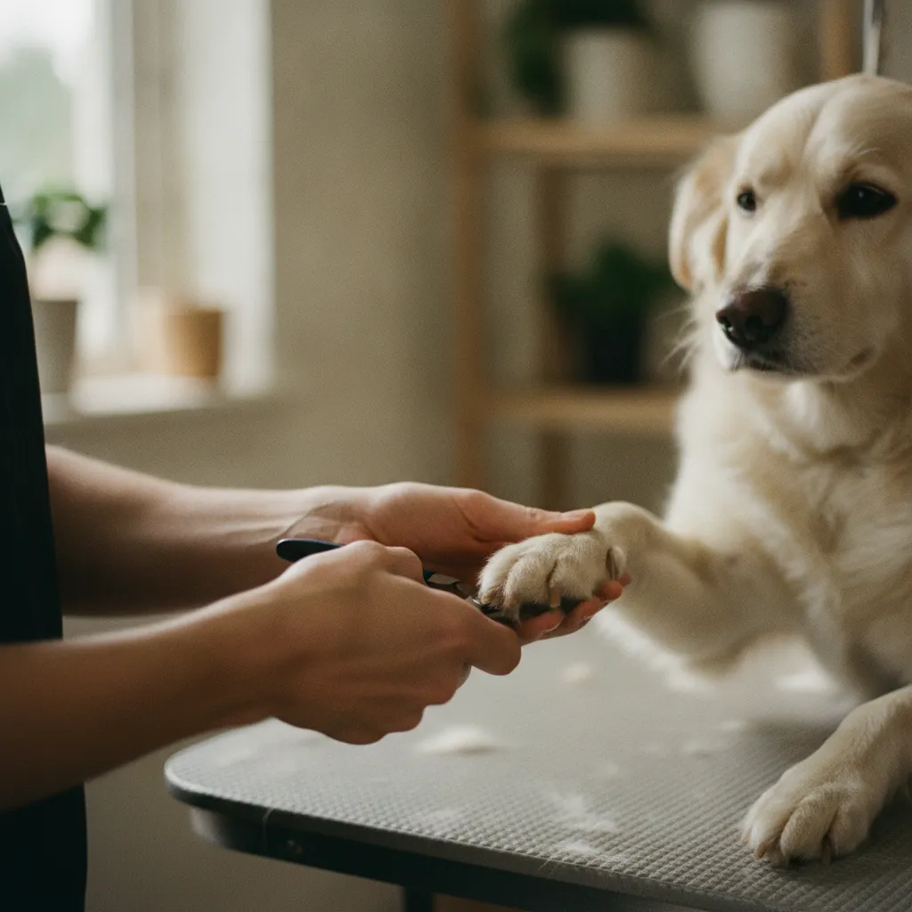Coupe des griffes d'un chien lors d'une séance de toilettage à domicile