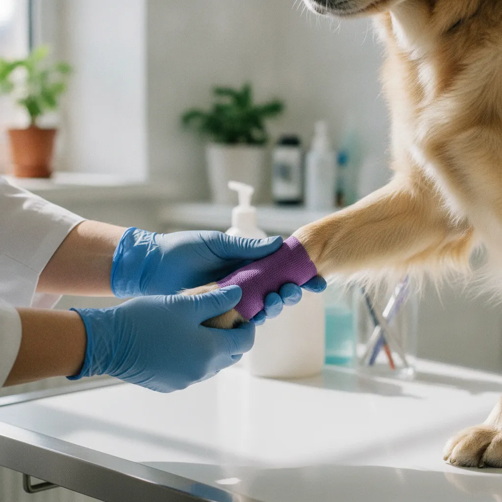 Application d'une bande cohésive sur la patte d'un chien blessé