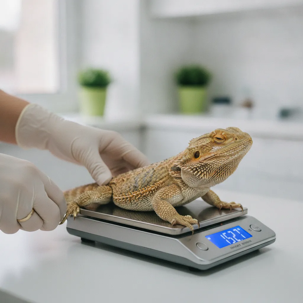Pesée d'un pogona sur balance de précision lors d'un bilan de santé annuel