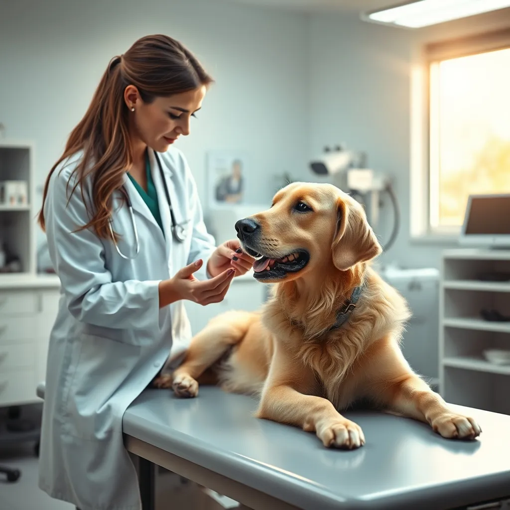 Examen d'un chien en urgence par une vétérinaire de garde dans sa clinique
