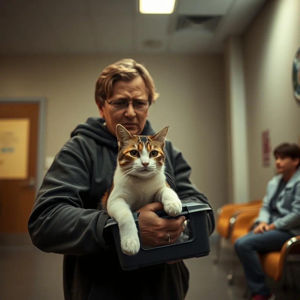 Propriétaire anxieux attendant avec son chat aux urgences vétérinaires de nuit