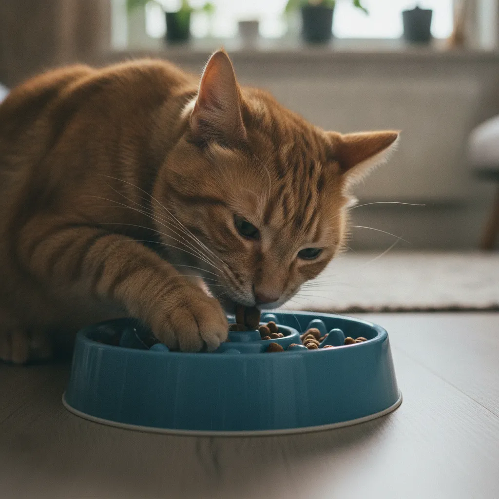 Un chat utilisant une gamelle anti-glouton à reliefs pour manger ses croquettes plus lentement