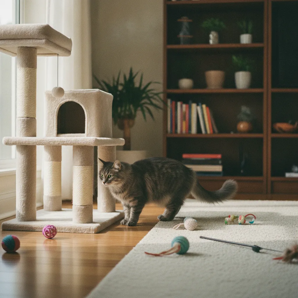 Un chat adopté découvre son nouvel environnement en appartement