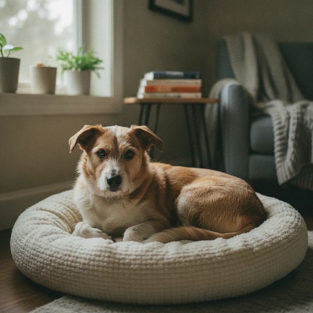Un chien roumain craintif dans sa zone de décompression les premiers jours après l'adoption