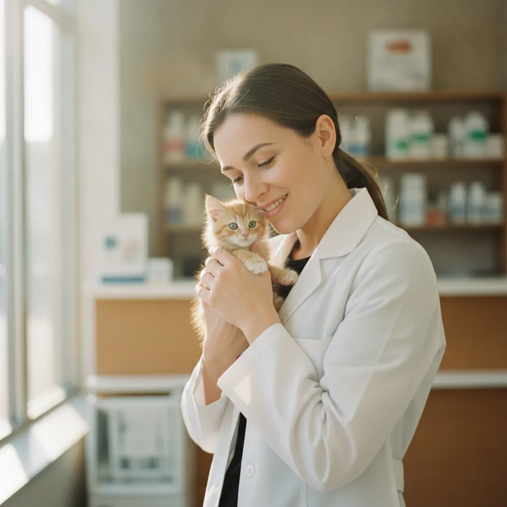 La vétérinaire examine un chaton roux avant l'intervention chirurgicale