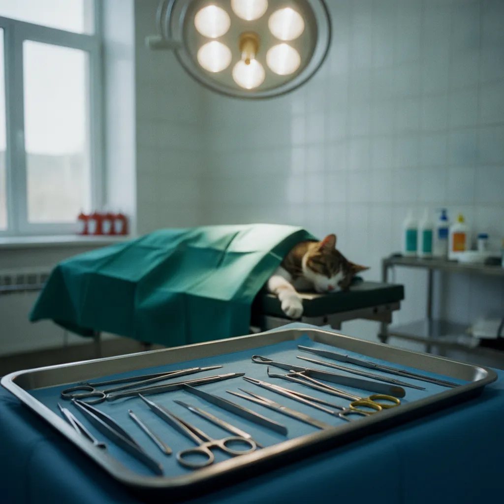 Préparation du matériel chirurgical pour une stérilisation féline en clinique