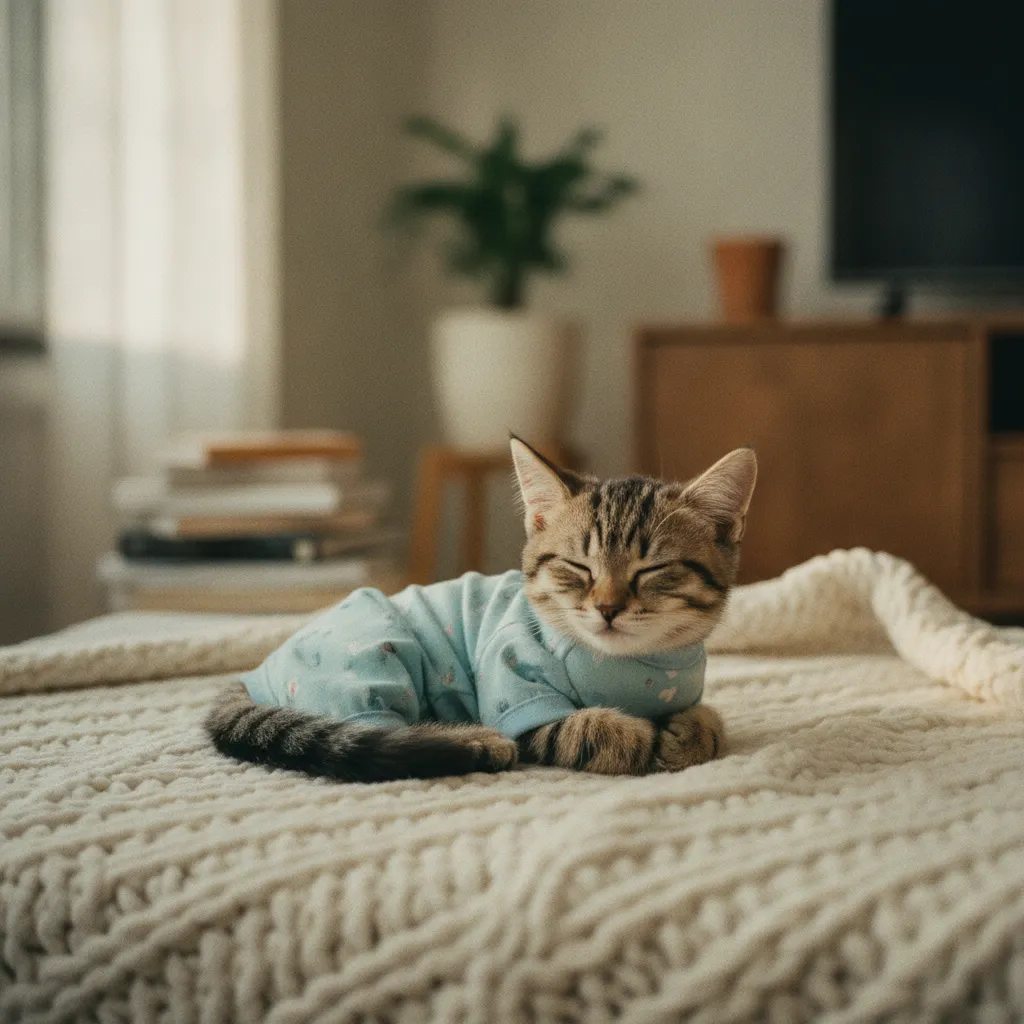 Un chat portant un body de convalescence après sa stérilisation