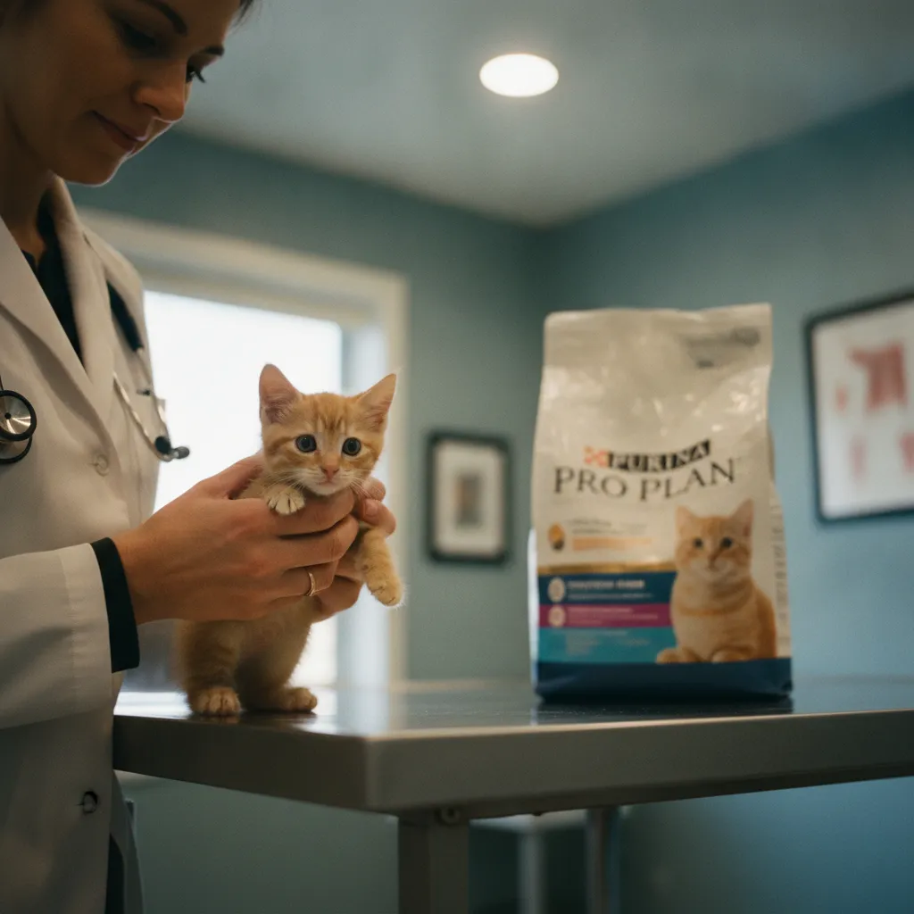 Le vétérinaire évalue le score corporel du chaton et ajuste la ration alimentaire en conséquence