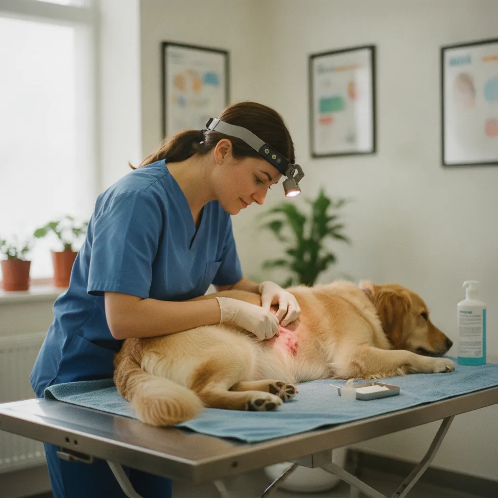 Examen dermatologique d'un chien présentant des rougeurs cutanées liées au pollen