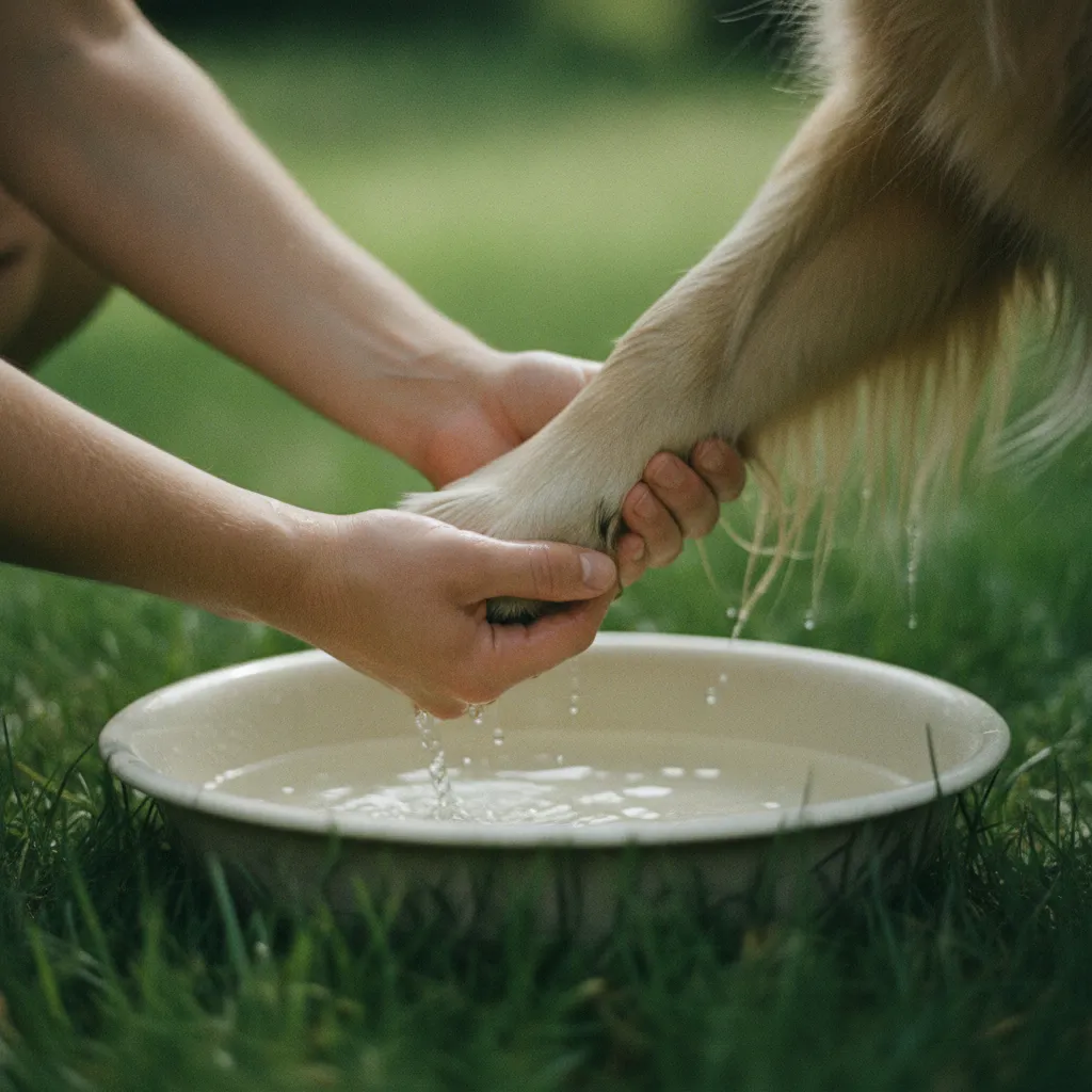 Rinçage des pattes d'un chien après une promenade pour éliminer les pollens