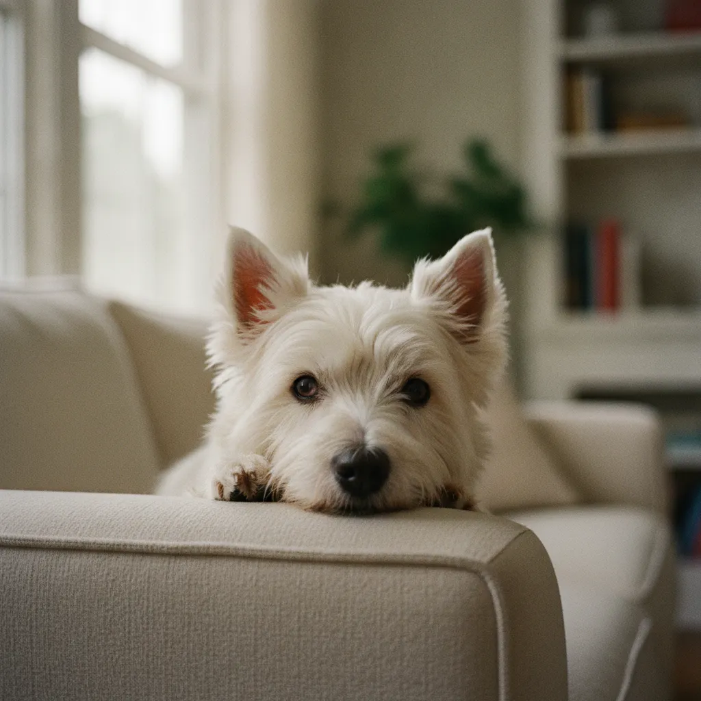 Un Westie aux yeux larmoyants, race particulièrement prédisposée aux allergies polliniques