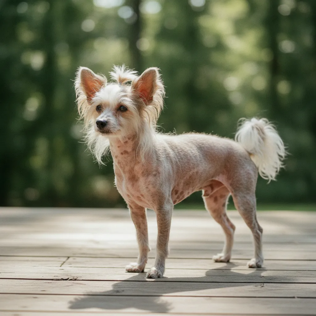 Le Chien chinois à crête dans sa variété nue, reconnaissable à sa crête capillaire et sa peau exposée