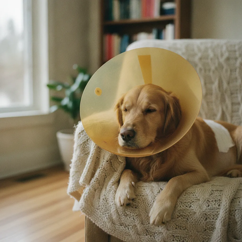 Chien en convalescence avec collerette de protection après une chirurgie abdominale