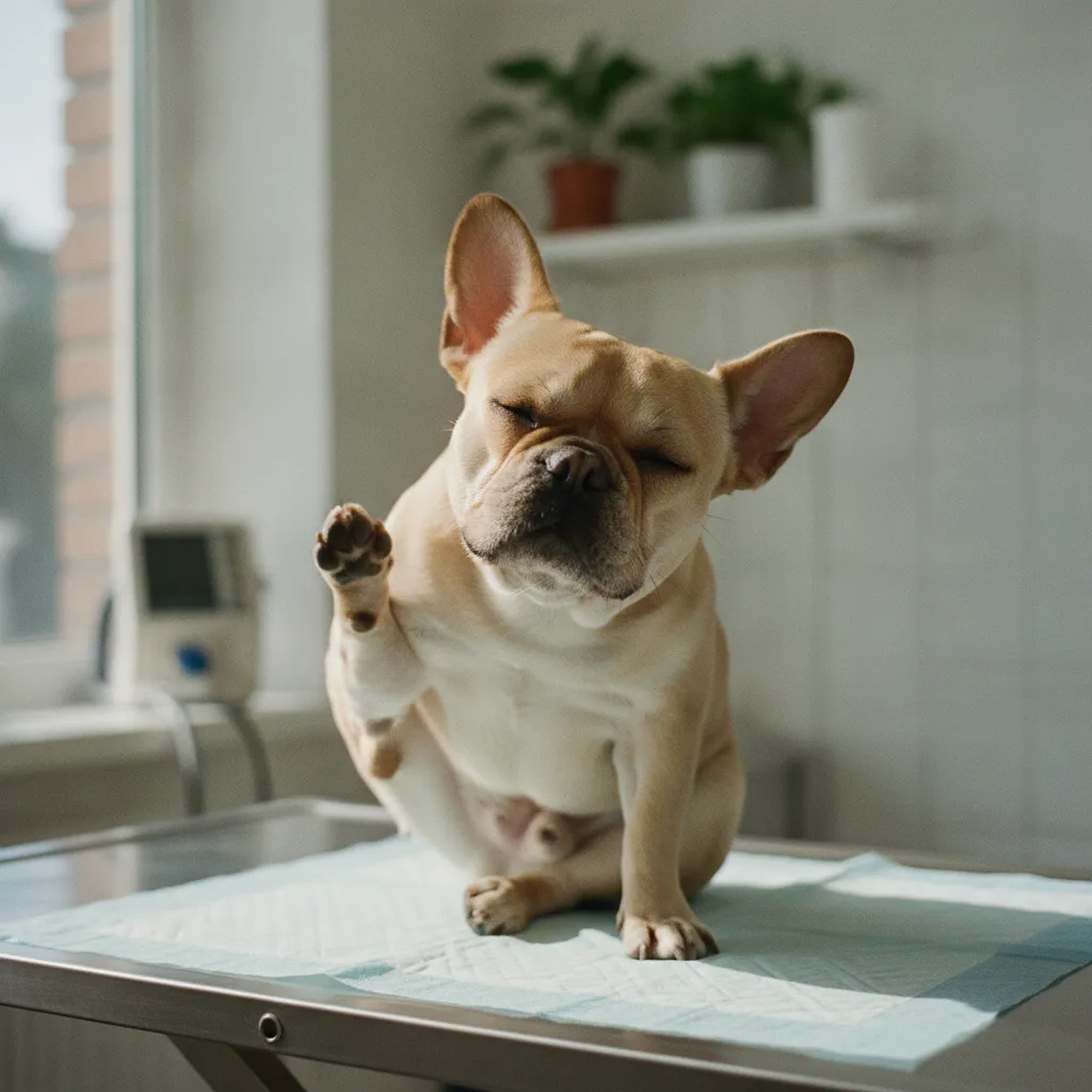 Un bouledogue français se grattant l'oreille, signe fréquent de dermatite atopique
