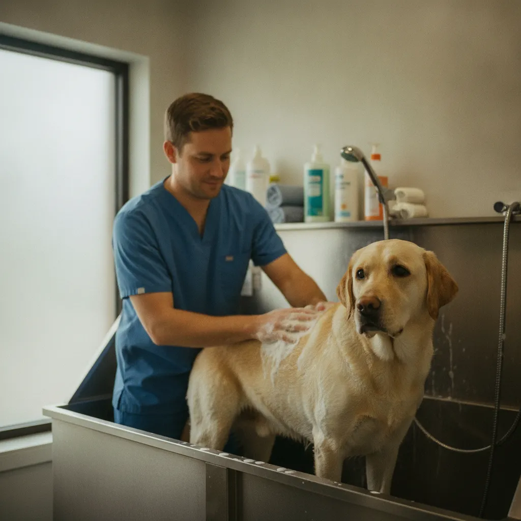 Application d'un shampoing antiseptique lors du traitement d'une pyodermite chez un labrador