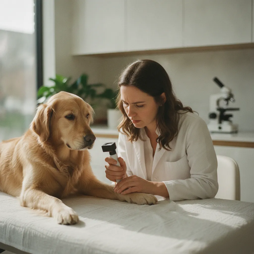 Examen au dermatoscope de la patte d'un chien pour détecter une lésion fongique