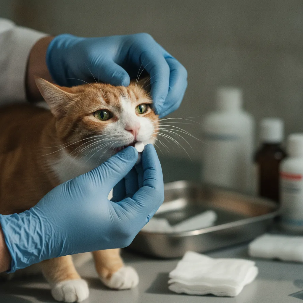 Administration d'un comprimé vermifuge par voie orale à un chat roux