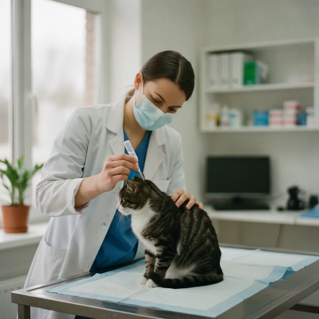 Application d'une pipette spot-on antiparasitaire sur la nuque d'un chat