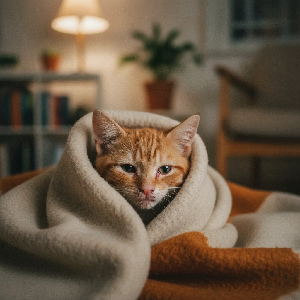 Un chat malade se réfugie sous une couverture avec des symptômes respiratoires visibles