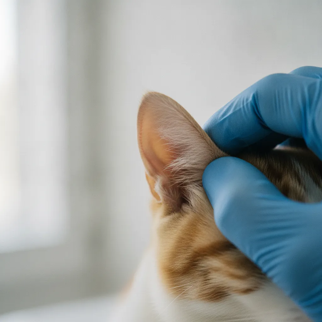 Inspection du conduit auditif d'un chat suspect de gale auriculaire en clinique vétérinaire